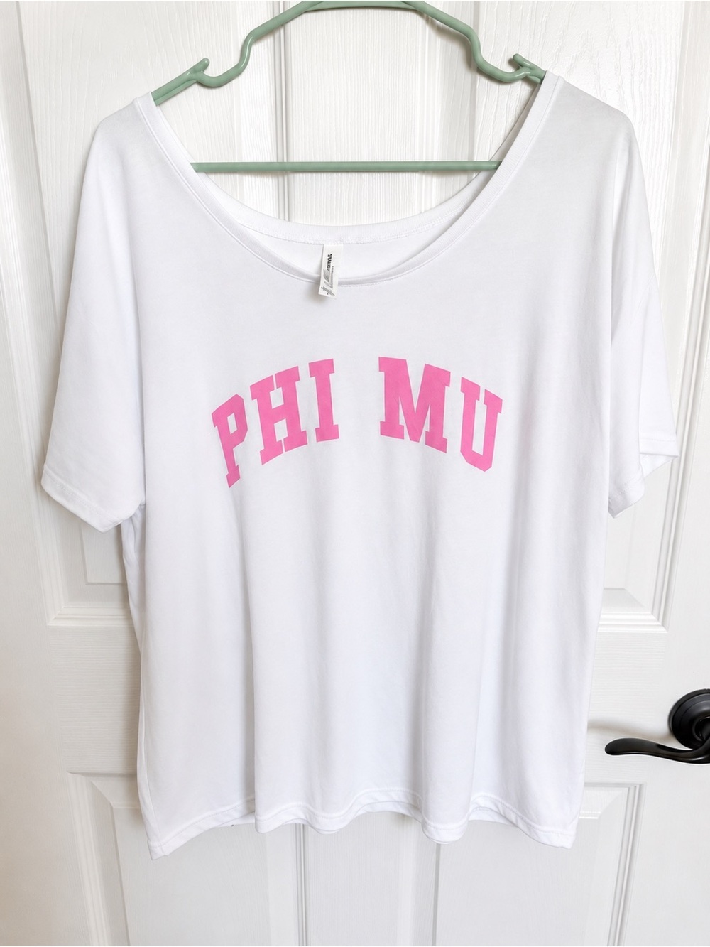 Bella Canvas Flowy Collection White Tee with Pink PHI MU Lettering L